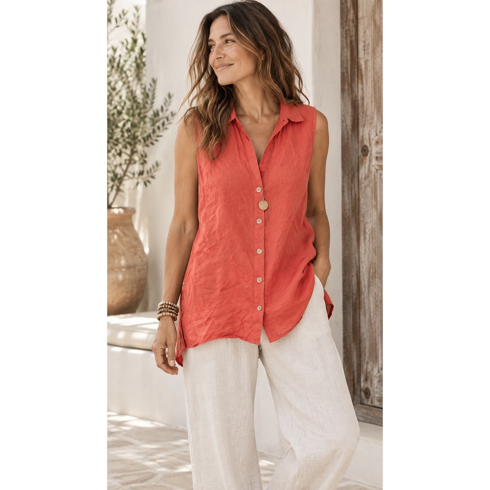 J. Jill Love Linen Sleeveless Button Down Shirt Coral 100% Linen- Small